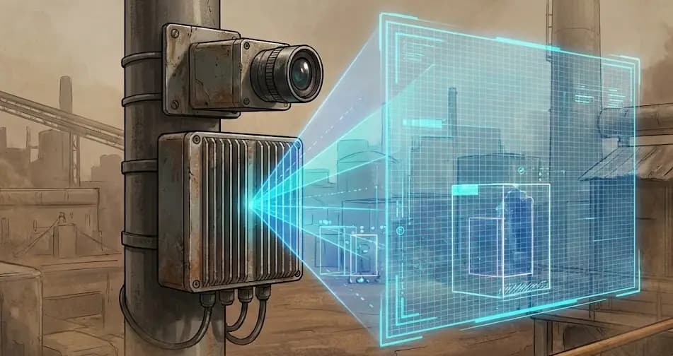 Illustration d'une caméra industrielle avec interface holographique de computer vision en usine.